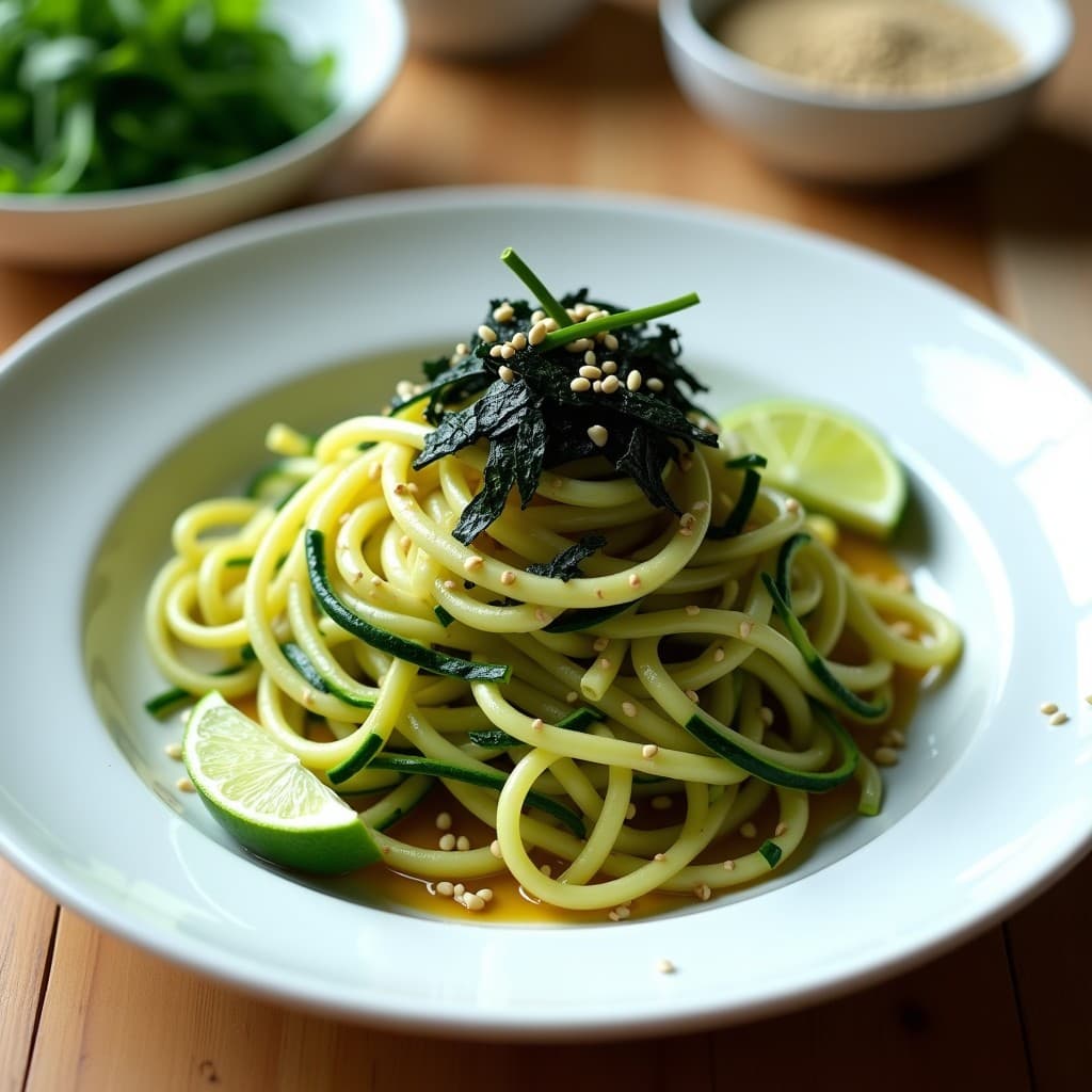 Plato blanco con pasta de calabacín espiralizado, tiras de alga nori, semillas de sésamo negro y blanco, y decoración de cebollino. Receta sin gluten y baja en calorías con toque umami.