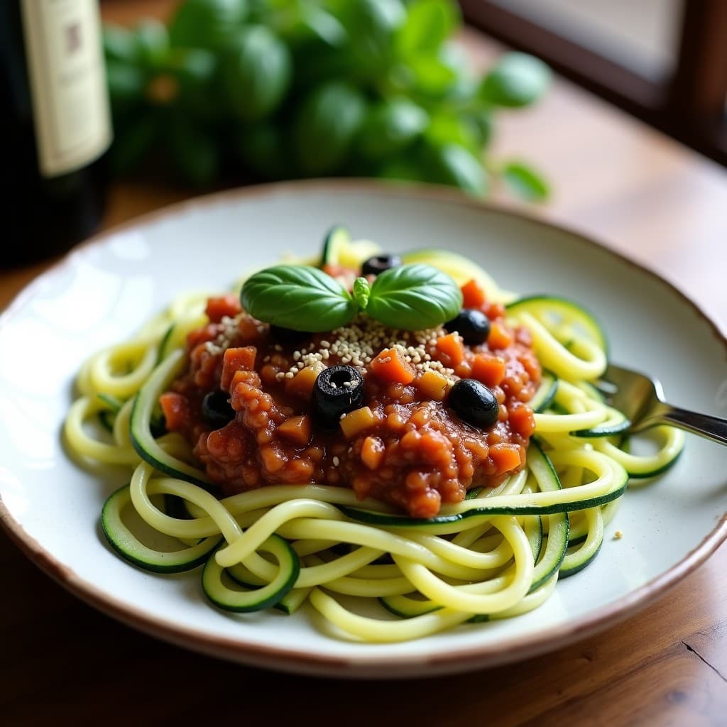 Plato hondo blanco con pasta de calabacín en tiras finas salteadas, cubiertas con una bolonesa espesa de lentejas pardinas, aceitunas negras y albahaca fresca. Receta italiana vegana sin gluten.