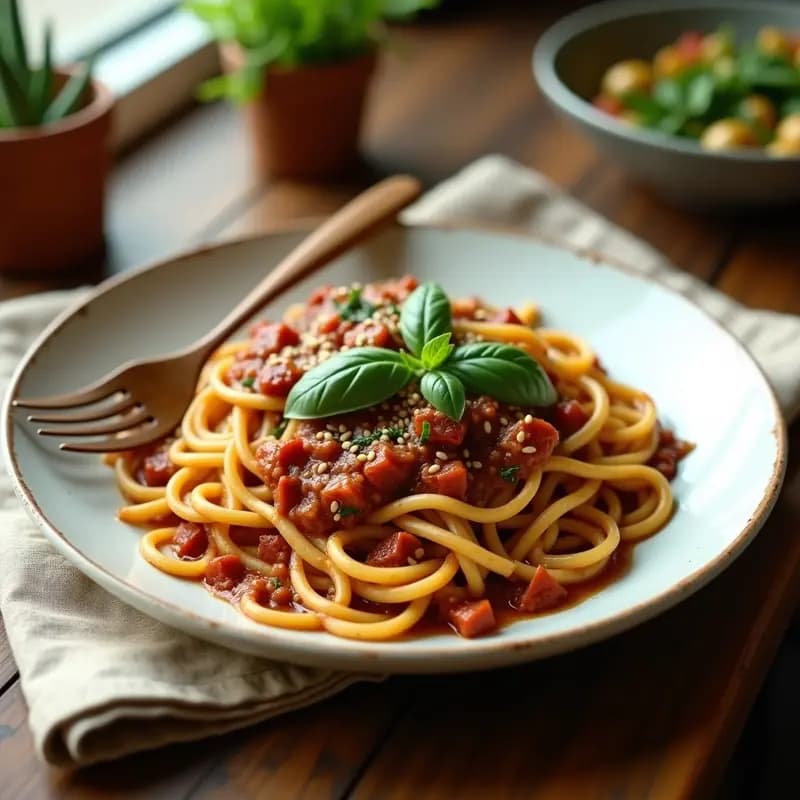 Plato hondo de cerámica blanca con pasta de calabacín en espiral, bañada en una bolonhesa espesa de champiñones portobello y trozos de tomates secos, decorada con hojas de albahaca fresca y semillas de sésamo tostadas. Fondo rústico con un paño de lino beige y un tenedor de madera.