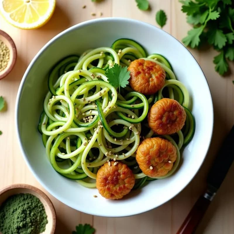 Pasta de Calabacín y Espirulina con Bolonas de Lentejas y Salsa de Tahini: Plato Vegano Alto en Hierro