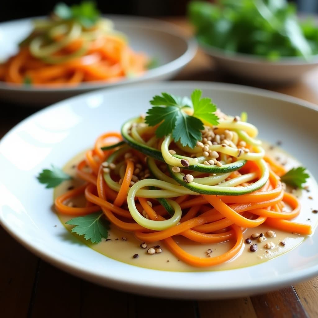 Plato blanco con pasta raw vegana de calabacín y zanahoria en espiral, bañada en salsa cremosa de anacardos y levadura nutricional, decorada con cilantro fresco y semillas de sésamo tostadas.