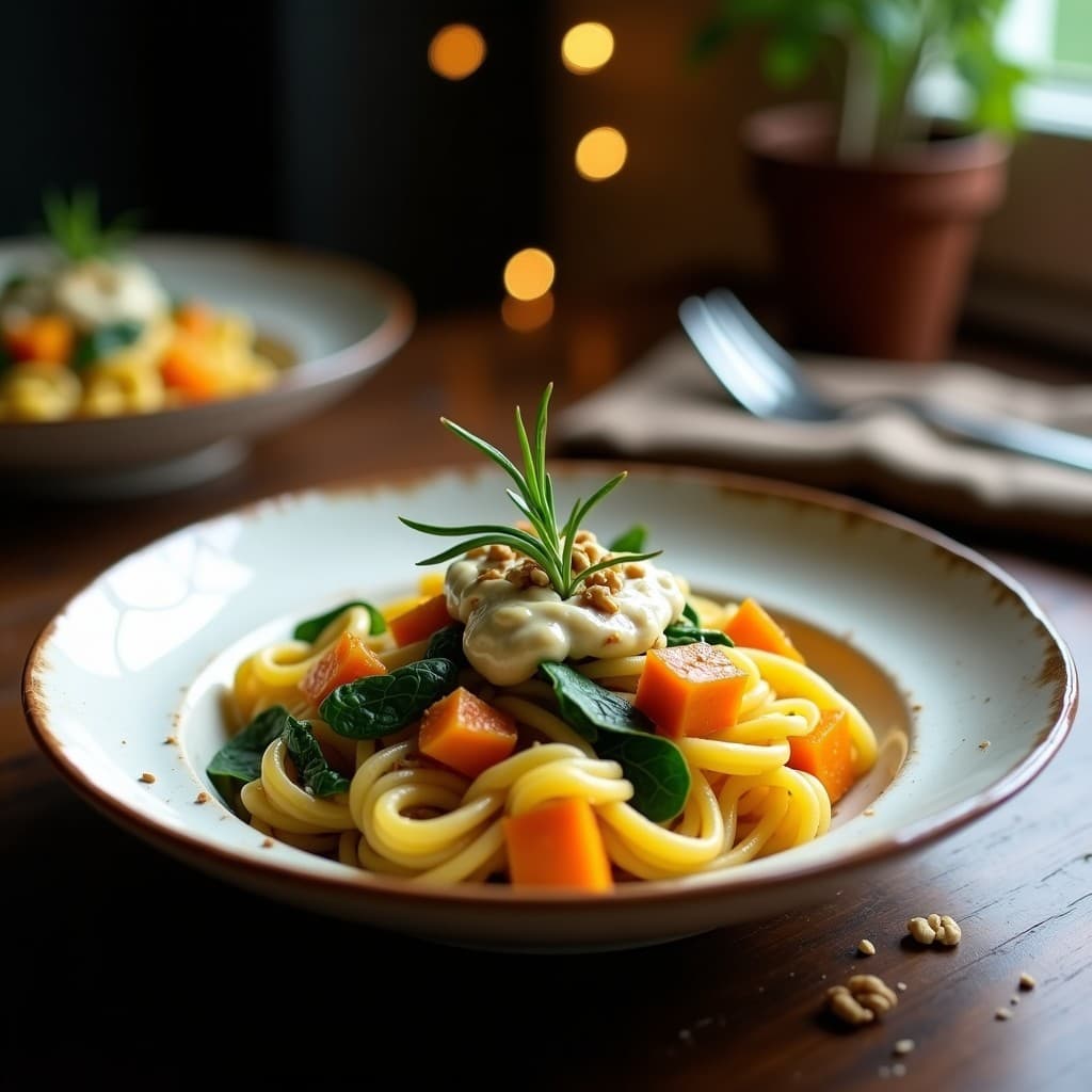 Plato hondo de cerámica blanca con pasta de garbanzos sin gluten, cubos de calabaza butternut asada, salsa cremosa de gorgonzola vegano y espinacas salteadas, decorado con nueces picadas y romero fresco. Receta italiana vegana y sin gluten.