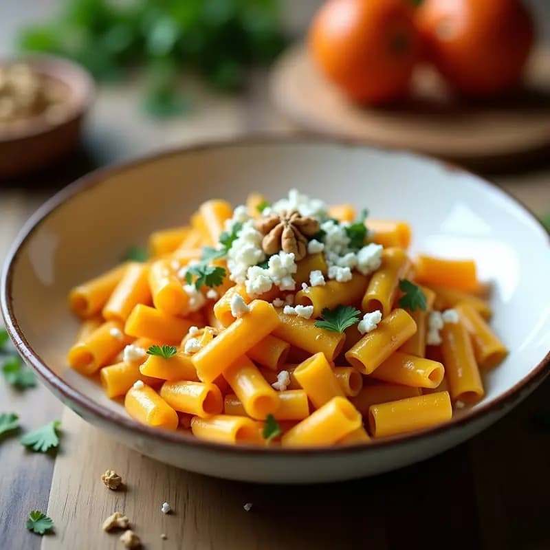 Plato hondo de cerámica blanca con pasta corta bañada en crema de calabaza kabocha naranja, trozos de queso feta ahumado blanco, nueces picadas y perejil fresco. Receta griega en Thermomix de pasta de calabaza kabocha y queso feta ahumado.