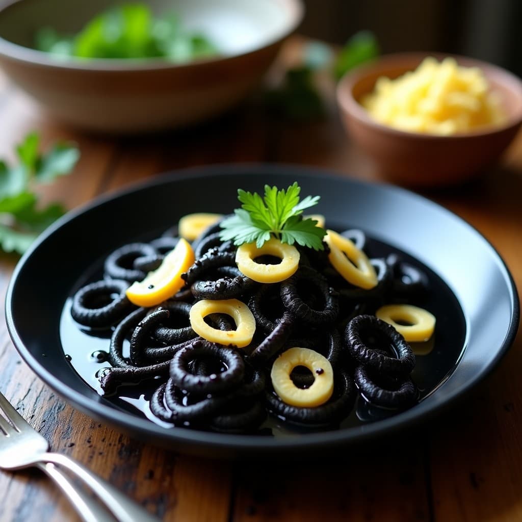 Plato hondo negro con pasta de calamar al dente, bañada en una salsa oscura y brillante de tinta de calamar, acompañada de trozos de calamar salteado y perejil fresco. Receta italiana baja en carbohidratos.