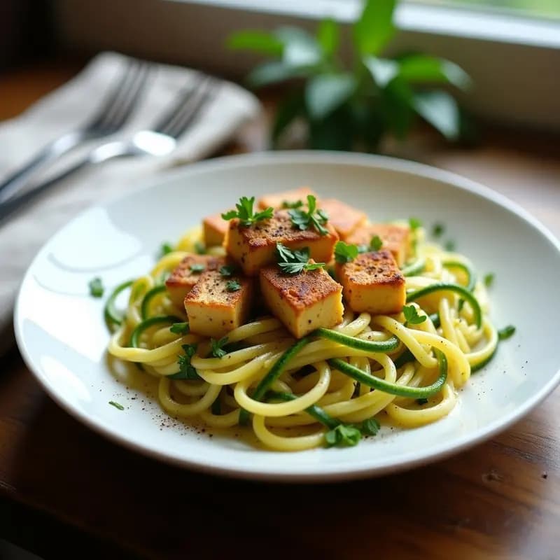 Plato blanco con pasta carbonara vegana de calabacín en espiral, salsa cremosa de tofu ahumado y huevos de lino, decorada con levadura nutricional y pimienta negra sobre fondo rústico de madera.