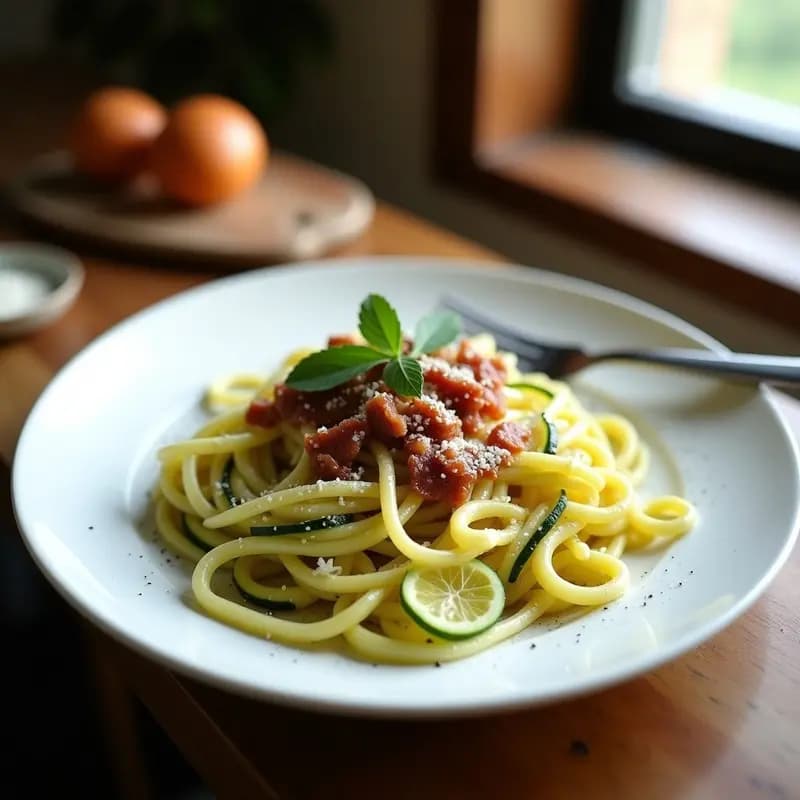 Plato hondo blanco con pasta carbonara de calabacín keto, zoodles cremosos cubiertos de salsa de huevo y queso pecorino, panceta dorada crujiente y pimienta negra por encima, servido con un tenedor de madera.