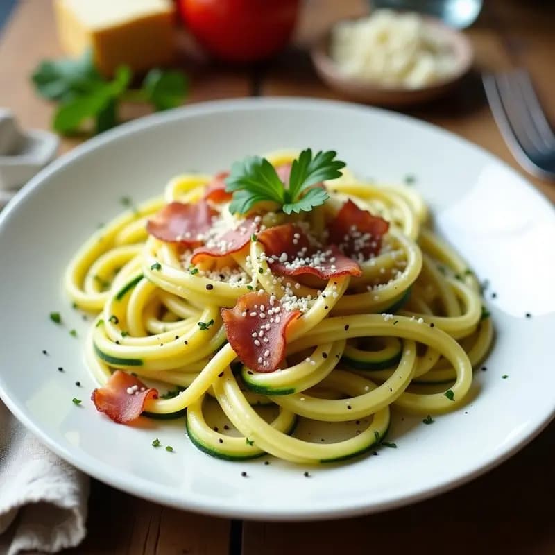 Plato blanco con pasta carbonara keto de espaguetis de calabacín, tocino crujiente dorado, huevo cremoso y queso pecorino rallado, decorado con perejil fresco y pimienta negra.