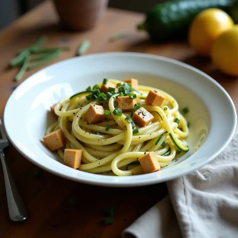 Plato hondo blanco con pasta carbonara de calabacín en tiras finas, tofu ahumado dorado y salsa cremosa de huevo, espolvoreada con cebollino fresco y pimienta negra. Receta keto sin harina.