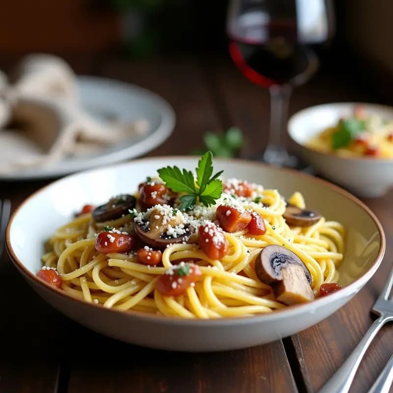 Plato hondo de cerámica blanca con pasta carbonara cremosa, champiñones portobello dorados y trozos de panceta ahumada crujiente, espolvoreada con queso parmesano y perejil fresco. Receta italiana en airfryer con toque ahumado.
