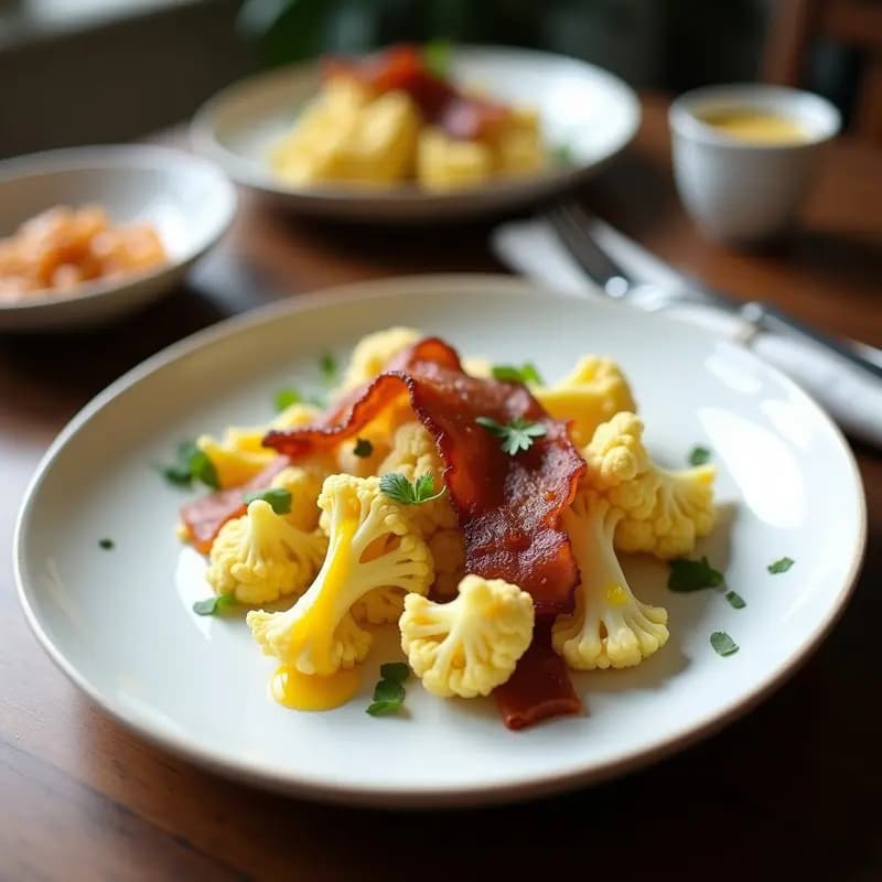 Plato hondo blanco con pasta carbonara de coliflor dorada, bañada en salsa cremosa de huevo y levadura nutricional, coronada con trozos crujientes de tocino de coco ahumado y cebollino fresco picado. Receta keto italiana sin lácteos en airfryer.