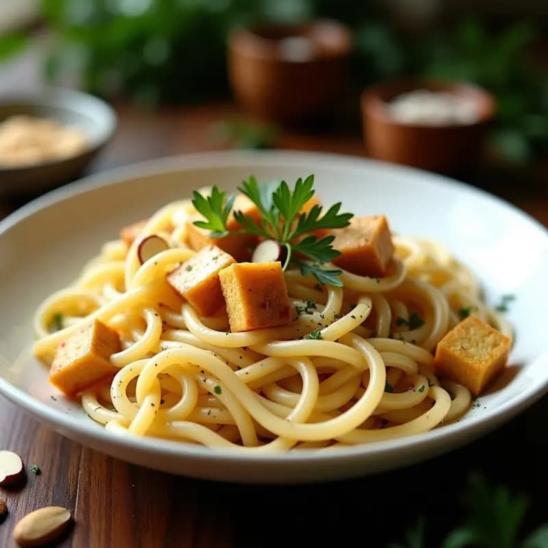 Plato hondo blanco con pasta carbonara vegana de coliflor rallada dorada, cubos de tofu ahumado dorado, crema de anacardos espesa y almendras fileteadas tostadas. Decoración con perejil fresco picado sobre fondo de madera rústica. Receta romana vegana rápida y alta en proteína.