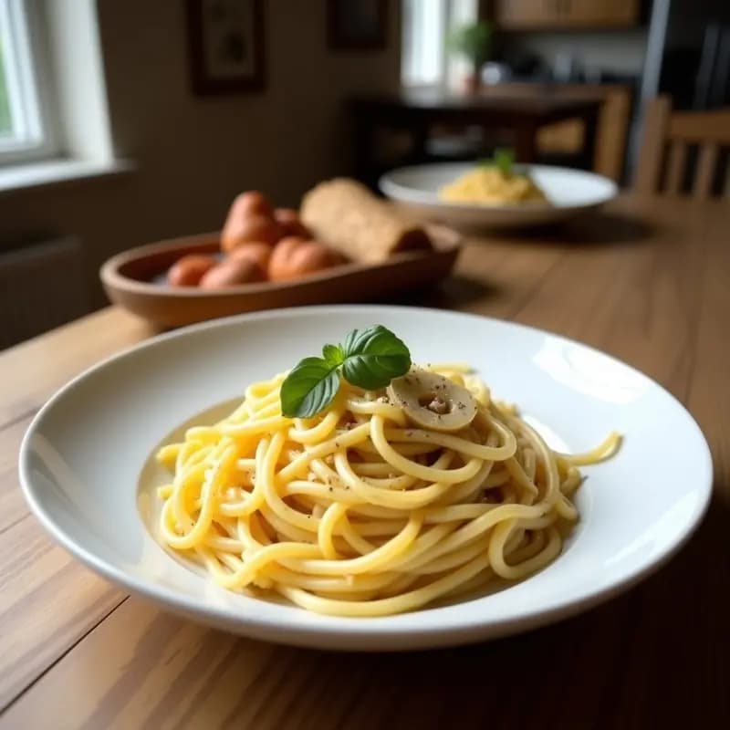 Plato blanco con pasta alla carbonara cremosa, trozos dorados de guanciale, huevos de codorniz fritos con yema líquida y pecorino rallado espolvoreado, receta italiana tradicional.