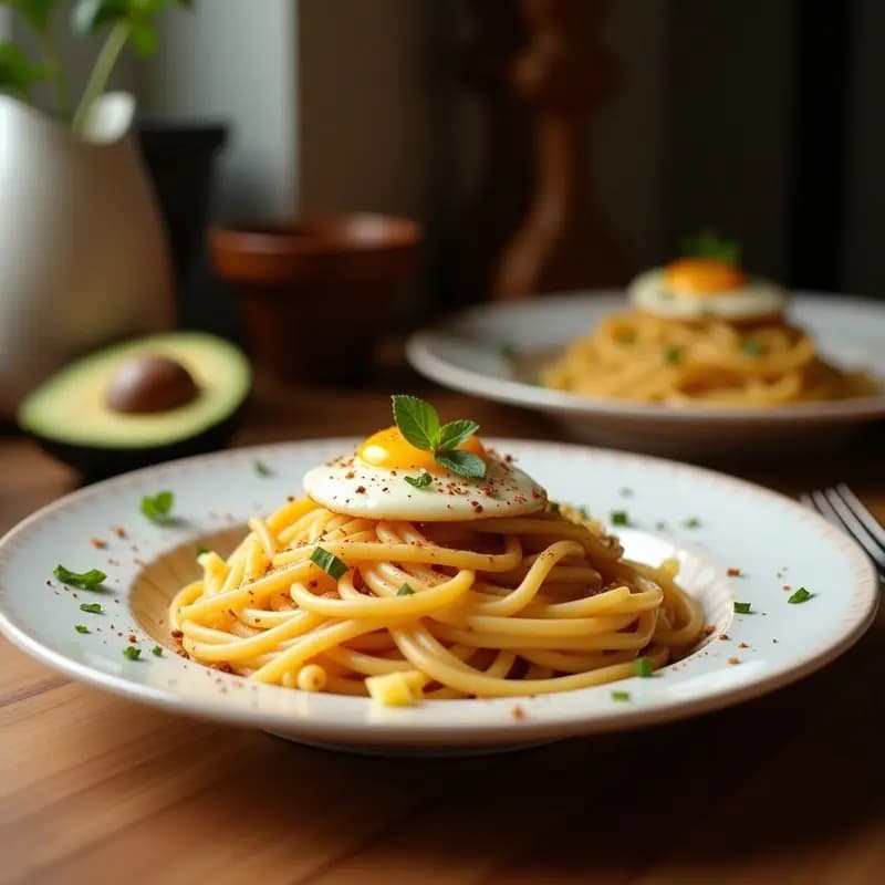 Plato hondo blanco con pasta carbonara cremosa, trozos de tocino crujiente dorado y un huevo frito con yema líquida encima, espolvoreado con queso rallado y pimienta negra. Receta italiana con toque americano.
