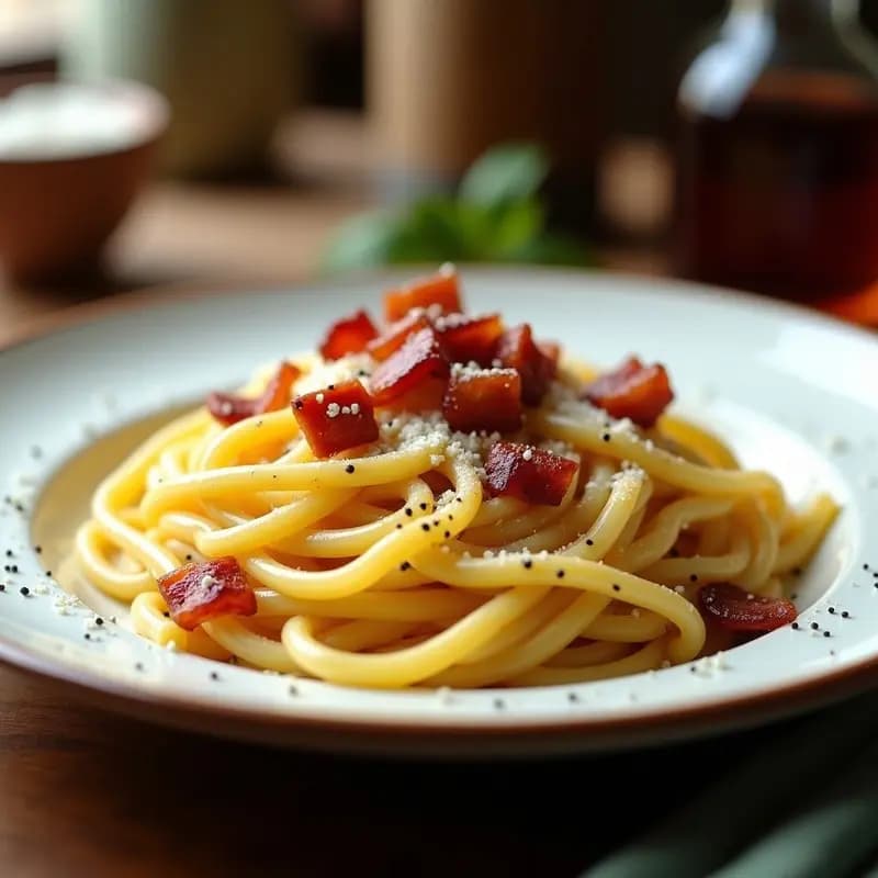 Plato blanco con pasta carbonara cremosa, espaguetis dorados cubiertos de salsa sedosa de huevo y queso pecorino, trozos de tocino crujiente y pimienta negra recién molida, receta italiana clásica.