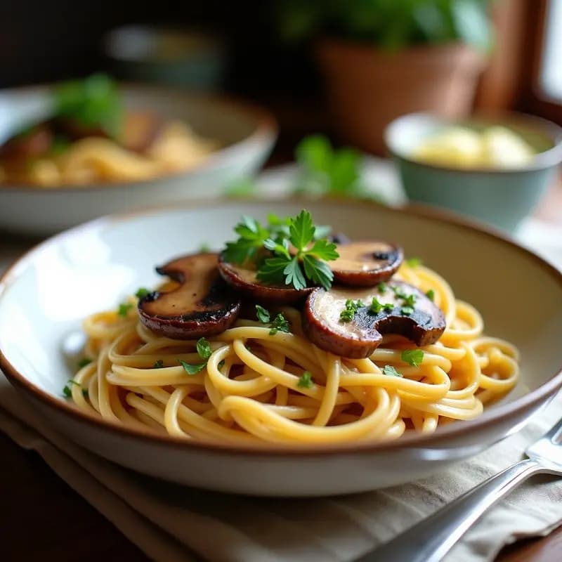 Plato hondo de cerámica blanca con pasta carbonara vegana de lentejas rojas, trozos de tempeh ahumado dorado, champiñones portobello salteados y una salsa cremosa de anacardos. Decorado con perejil fresco y un hilo de aceite de oliva, sobre un mantel de lino rústico.