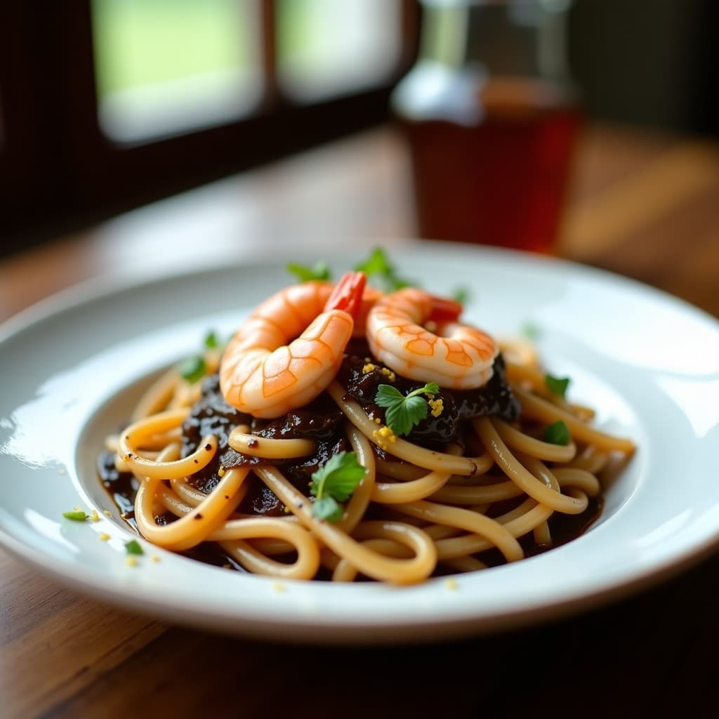 Plato de pasta de chocho dorada con gambas jugosas y salsa cremosa de ajo negro, espolvoreada con almendras fileteadas y perejil fresco, sobre fondo rústico de madera.