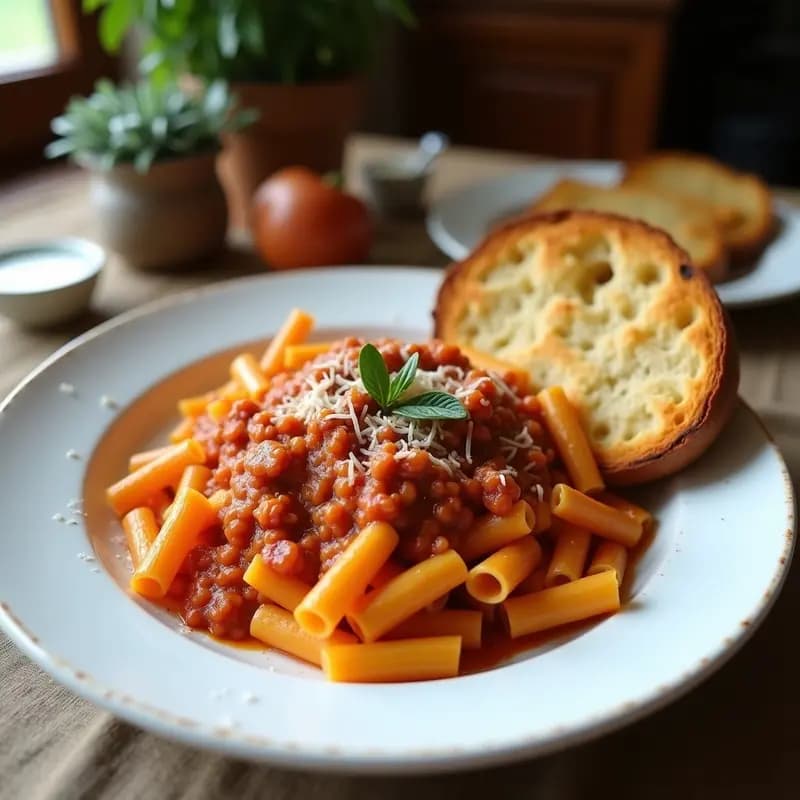 Cuenco de barro humeante con Pasta e Fagioli italiana espesa, alubias blancas, pasta integral y hierbas aromáticas, acompañado de rebanadas doradas de pan integral tostado sobre una mesa de madera rústica.