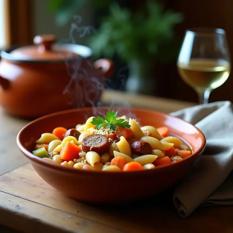 Plato hondo de barro con pasta e fagioli vegana: alubias blancas cremosas, pasta integral, rodajas de salchicha vegana dorada y verduras, espolvoreado con levadura nutricional. Receta italiana en olla express.