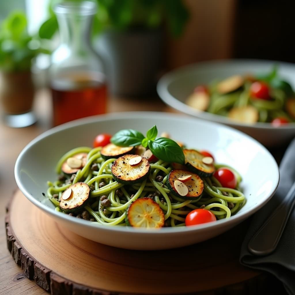 Plato hondo blanco con pasta de lentejas negras mezclada con ajo y tomates cherry, coronada con rodajas doradas de calabacín asado en airfryer, almendras fileteadas tostadas y hojas de albahaca fresca. Receta italiana alta en proteína con espirulina.
