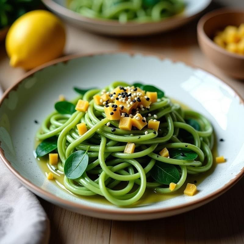 Plato hondo de cerámica blanca con pasta integral de color verde esmeralda por la espirulina, bañada en una cremosa salsa de anacardos. Decorada con trocitos dorados de limón confitado, semillas de sésamo y hojas de espinaca fresca. Receta vegana alta en proteína.