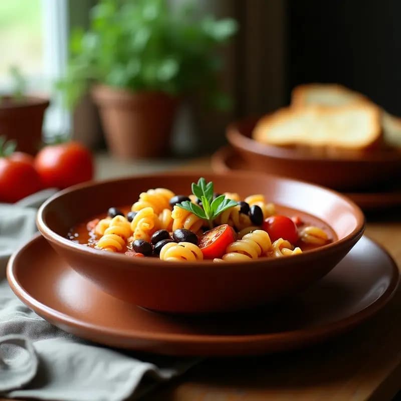 Cazuela de barro humeante con Pasta e Fagioli de alubias negras y tomate, servida sobre fondo rústico de madera. Las alubias negras brillantes y la pasta integral se mezclan con una salsa espesa de tomate y hierbas frescas, decorada con hojas de albahaca.