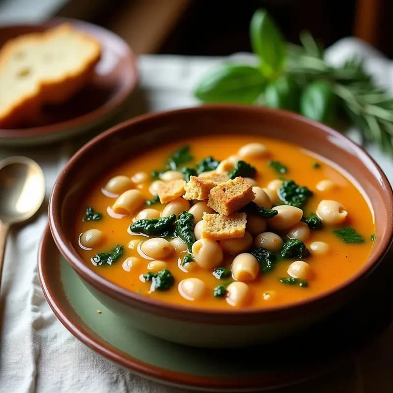 Sopa italiana espesa de Pasta e Fagioli con espinacas verdes, trozos de pan de trigo sarraceno tostado y frijoles cannellini en un bol de barro. Decorada con levadura nutricional y aceite de oliva, servida sobre una mesa rústica de madera con una cuchara de madera.