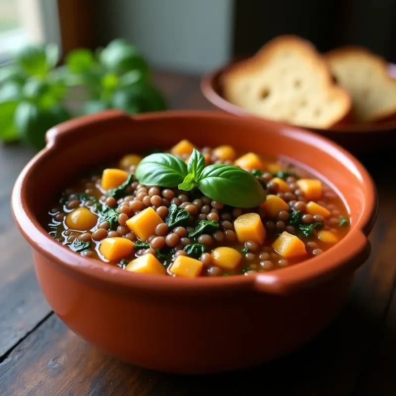 Bol rústico de barro con Pasta e Fagioli vegana, lentejas de Puy enteras, pasta integral y espinacas frescas, decorado con albahaca y un hilo de aceite de oliva, sobre fondo de madera oscura.