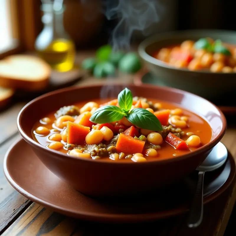 Plato hondo de barro con Pasta e Fagioli vegana: lentejas rojas deshechas en un caldo espeso de tomate, fideos de garbanzo al dente, trozos de zanahoria y apio, decorado con albahaca fresca y un hilo de aceite de oliva. Receta italiana en olla rápida.