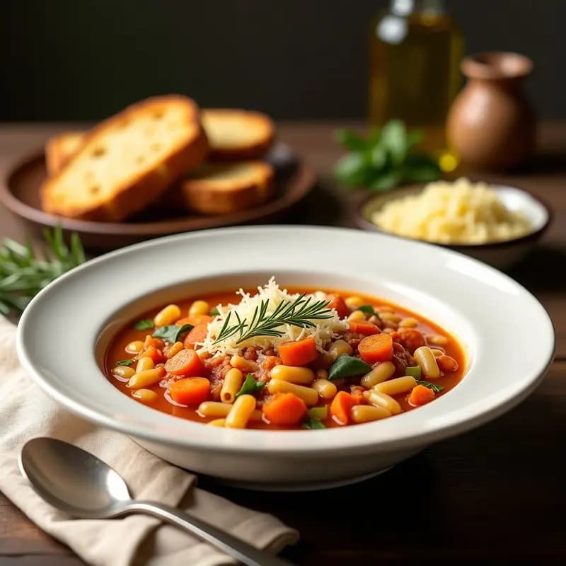 Plato hondo de barro con pasta e fagioli cremosa, alubias blancas enteras y pasta ditalini, decorado con queso rallado y perejil fresco. Acompañado de rebanadas doradas de pan tostado de ajo crujiente sobre una mesa de madera rústica. Receta italiana clásica en olla rápida.