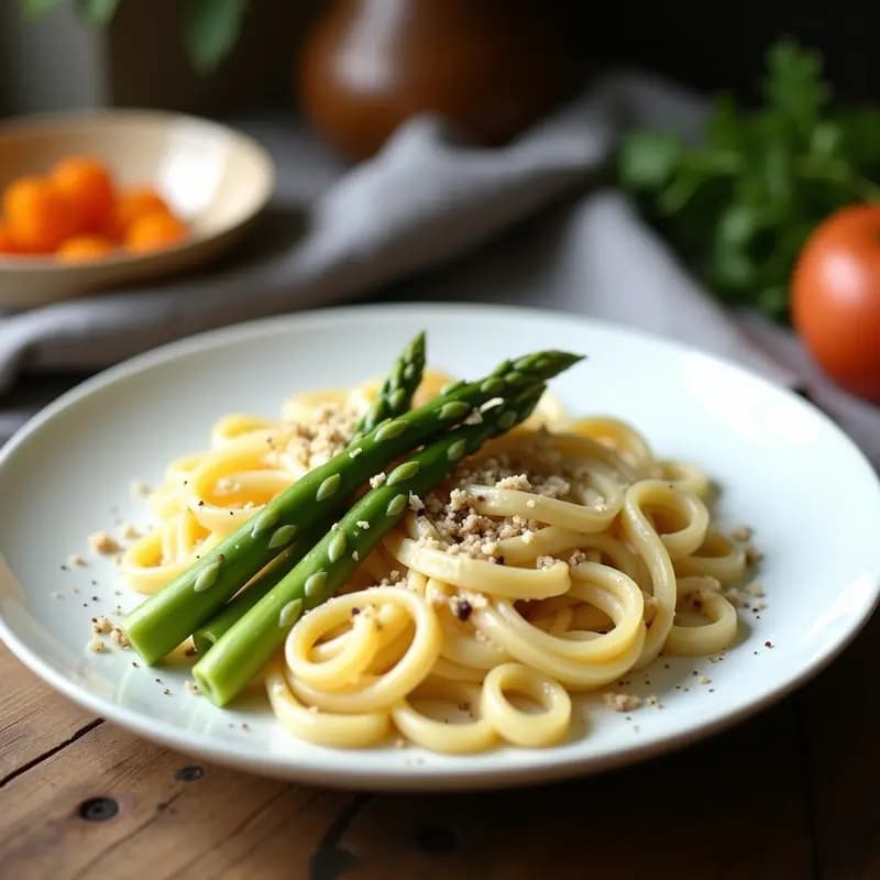Plato hondo de porcelana blanca con pasta Carlo al Fredo, tagliatelle cremosos cubiertos de láminas de trufa blanca, espárragos verdes salteados y virutas de Pecorino Romano, sobre fondo rústico de madera oscura.