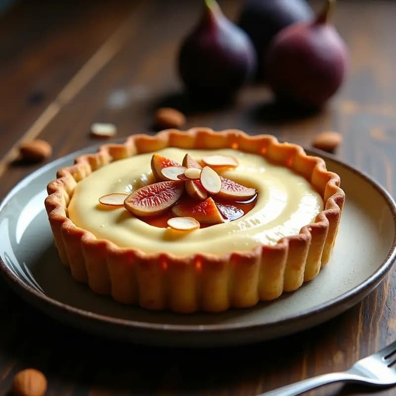 Tartaletas individuales de pasta frolla dorada con relleno cremoso de queso de almendra y mermelada de higo oscura, espolvoreadas con canela, sobre un mantel rústico de lino.