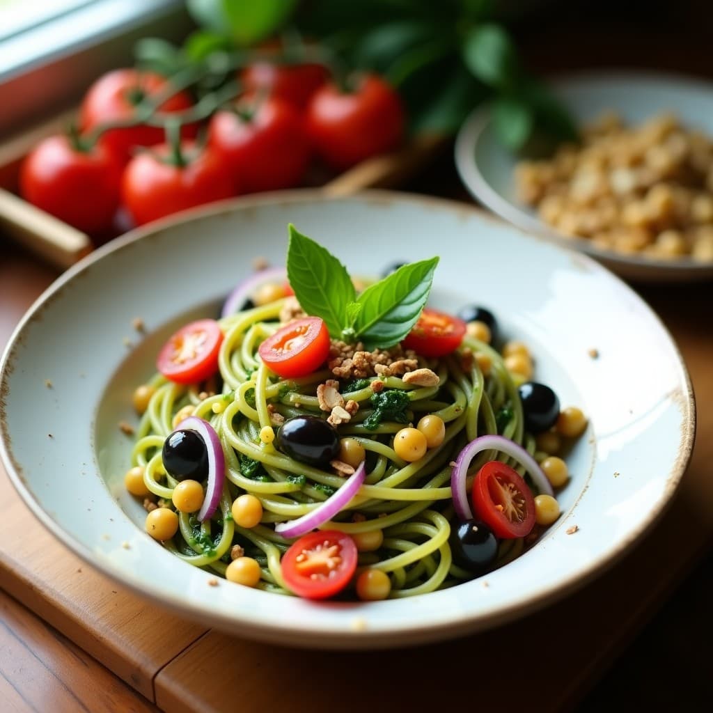 Plato hondo de cerámica blanca con pasta de garbanzo amarilla mezclada con pesto verde de espinacas y trozos morados de aceitunas kalamata. Decorado con tomates cherry rojos, cebolla morada en juliana y hojas de albahaca fresca. Fondos de aceite de oliva brillante y almendras fileteadas tostadas.