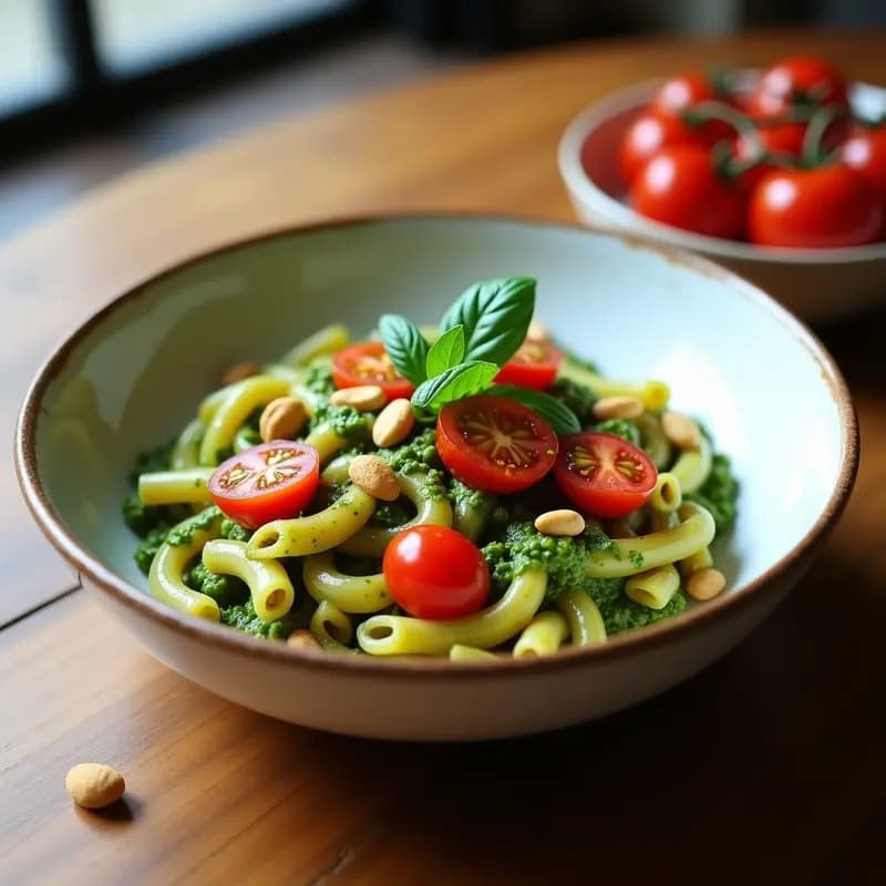 Plato hondo blanco con pasta de garbanzos bañada en un pesto verde intenso de espirulina y piñones, decorada con tomates cherry rojos y piñones dorados. Receta italiana vegana en olla express.