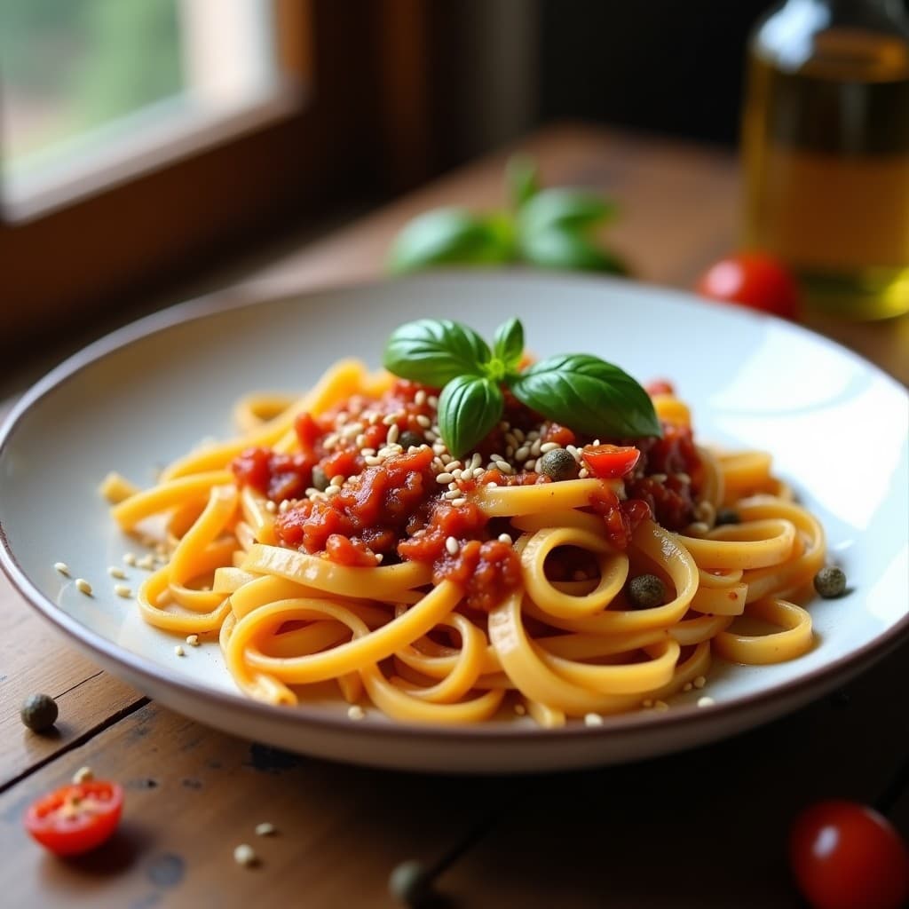 Plato de pasta de garbanzos de color dorado claro con salsa de tomate seco y alcaparras, decorada con semillas de sésamo tostadas y hojas de albahaca fresca. Receta sin gluten en Thermomix.