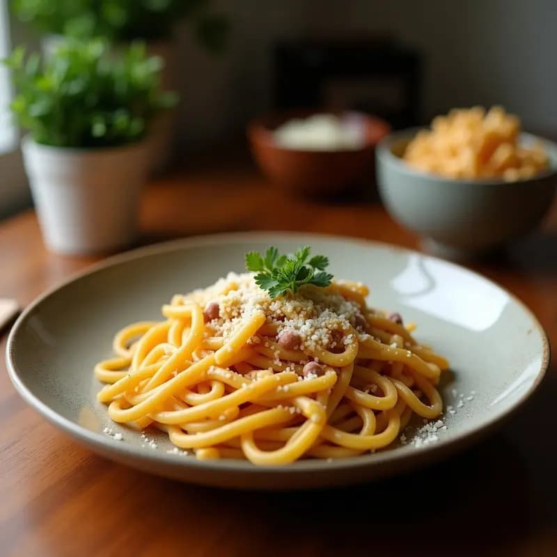 Plato hondo de cerámica blanca con PHasta a la Huancaína, lentejas pardinas y salsa cremosa de anacardos y ají amarillo, cubierta con queso vegano rallado, aceitunas negras y perejil fresco. Receta peruana vegana sin lácteos.