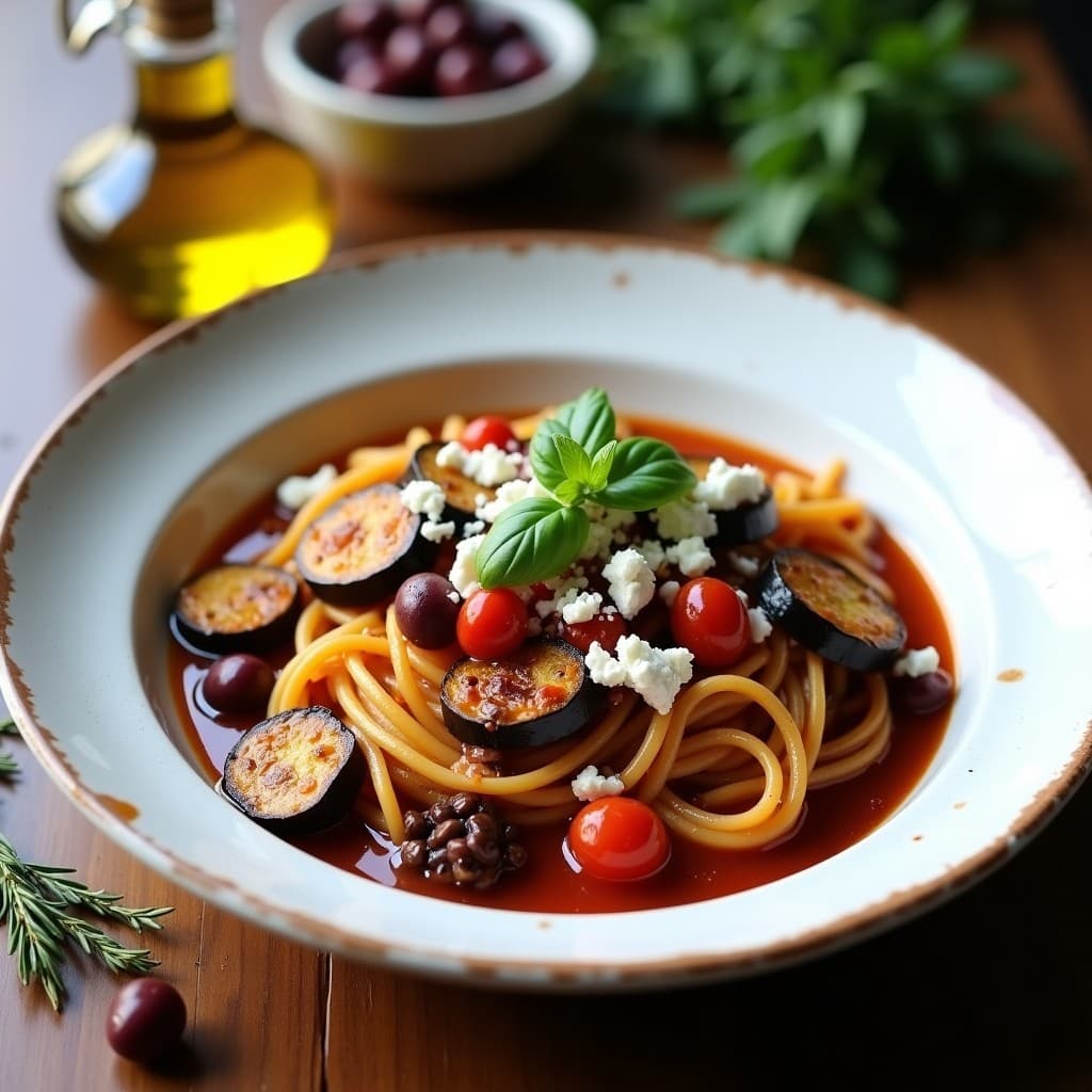 Plato hondo blanco con pasta de berenjena en tiras asadas, bañadas en salsa oscura de tomate seco y aceitunas Kalamata, decorado con queso feta desmenuzado, almendras tostadas y hojas de albahaca fresca. Receta griega keto.