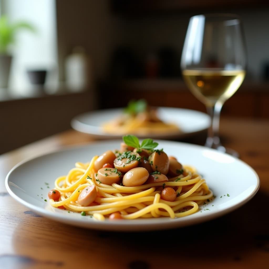 Plato hondo blanco con pasta de konjac transparente y alargada, cubierta de una bolonesa espesa de lentejas pardinas y champiñones portobello dorados. Decorada con hojas de albahaca fresca y un toque de levadura nutricional. Fondo rústico de madera con un paño de lino beige.