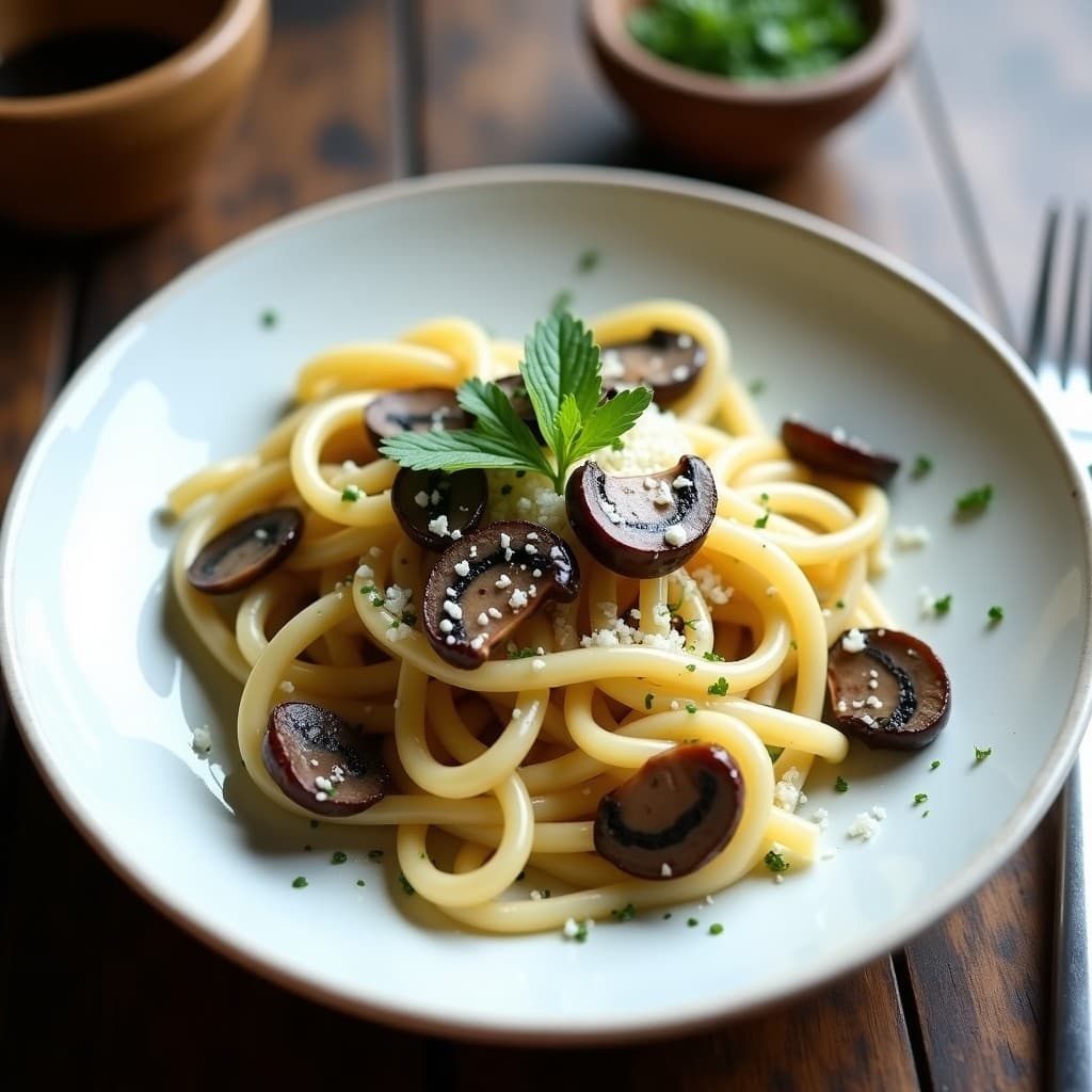 Plato blanco con pasta de konjac al dente, champiñones shitake dorados y laminados, bañados en una salsa brillante de aceite de trufa negra. Decorado con perejil fresco picado y virutas de parmesano, sobre un mantel de lino negro. Receta italiana keto y sin carbohidratos.
