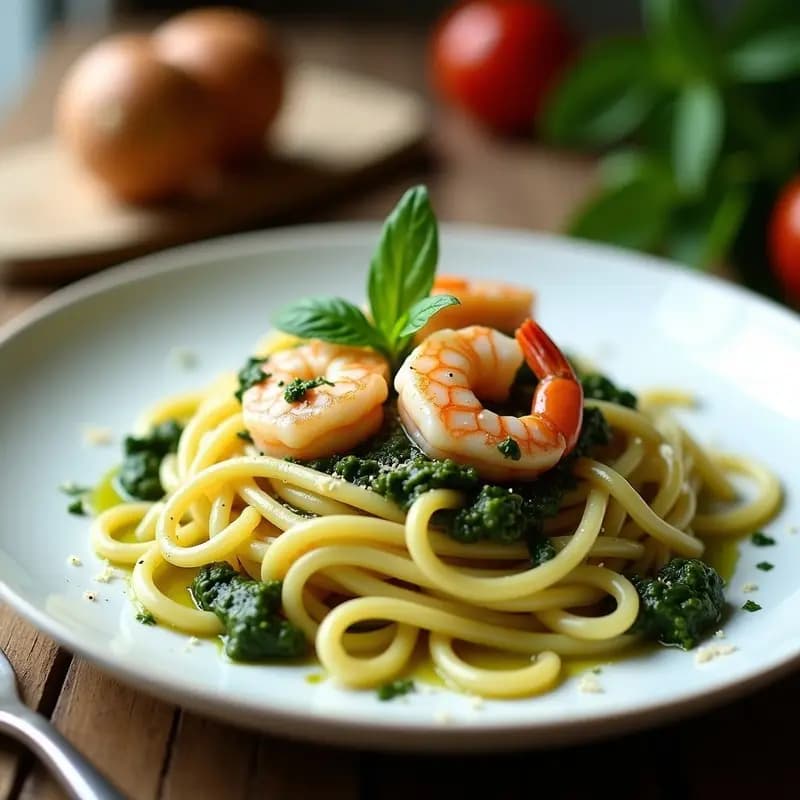 Plato blanco con pasta de konjac al dente, gambas salteadas y pesto de hierbas verdes, decorado con queso parmesano rallado y hojas de albahaca fresca. Receta italiana keto baja en carbohidratos.
