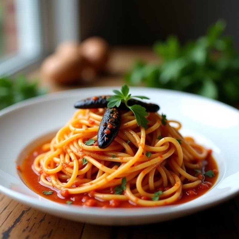 Plato blanco con pasta de konjac salteada y cubierta de salsa romesco cremosa de color rojizo, acompañada de trozos de anchoas veganas de berenjena y perejil fresco picado. Receta baja en calorías y sin gluten.