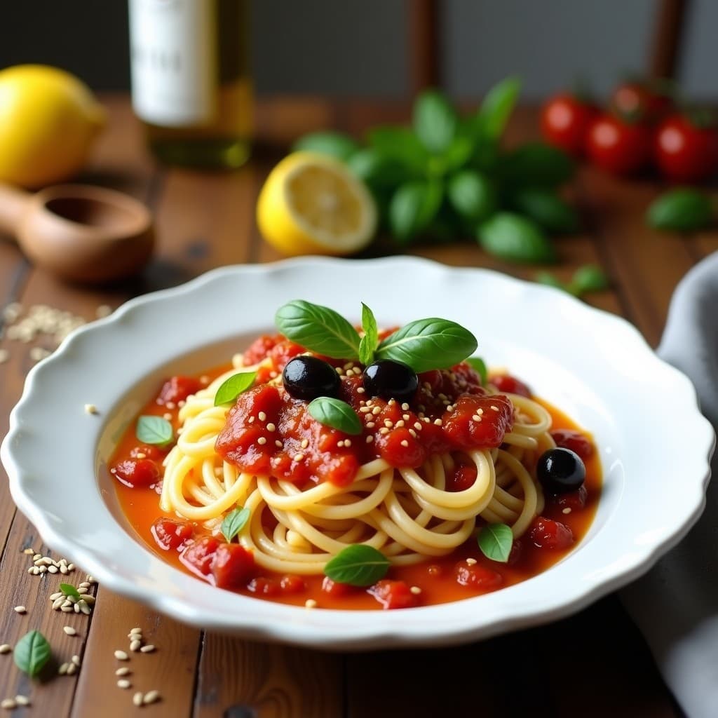 Plato blanco con pasta de konjac brillante, bañada en una salsa espesa de tomates secos rehidratados y aceitunas kalamata oscuras, decorada con hojas de albahaca fresca y semillas de sésamo tostadas. Receta keto de pasta de konjac con salsa directo de tomates secos y aceitunas kalamata.