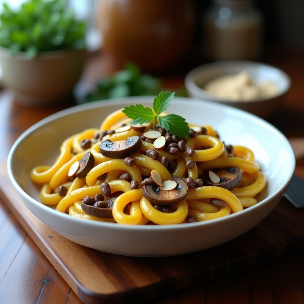 Plato hondo blanco con pasta de lentejas pardinas bañadas en una salsa dorada de azafrán y champiñones portobello en láminas, decorada con perejil fresco y almendras fileteadas tostadas. Receta sin gluten y alta en fibra.