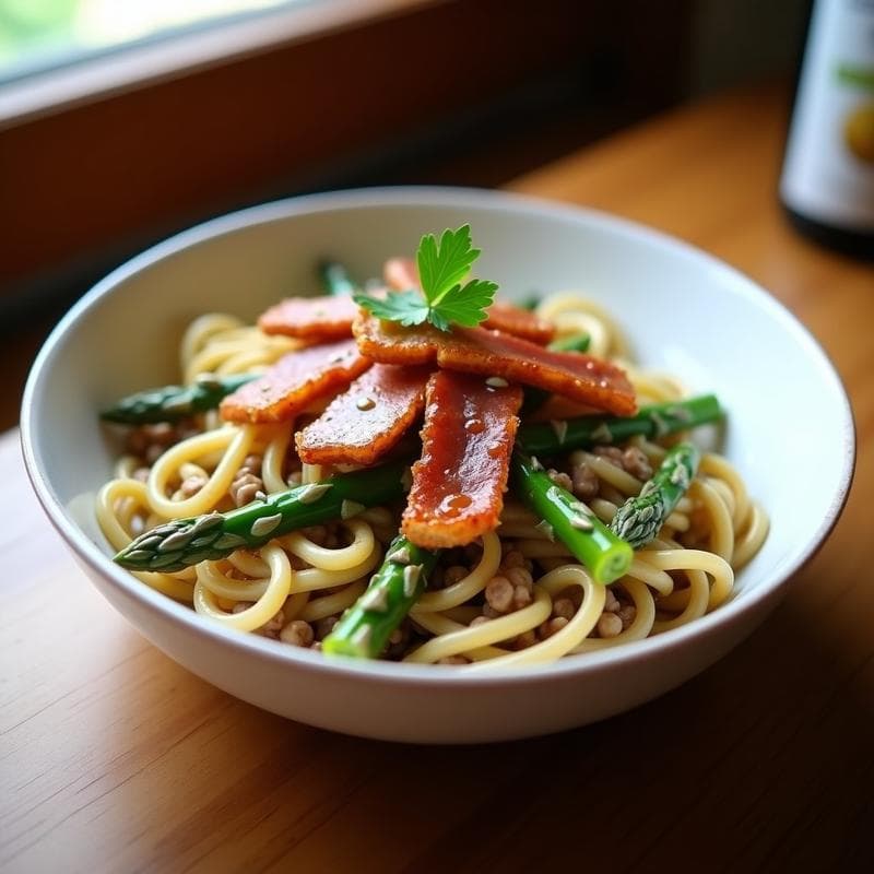 Plato hondo de cerámica blanca con pasta integral mezclada con lentejas pardinas, espárragos trigueros verdes y tiras doradas de bacon de tofu crujiente. Decorado con un hilo de aceite de oliva y perejil fresco. Receta italiana alta en proteína.
