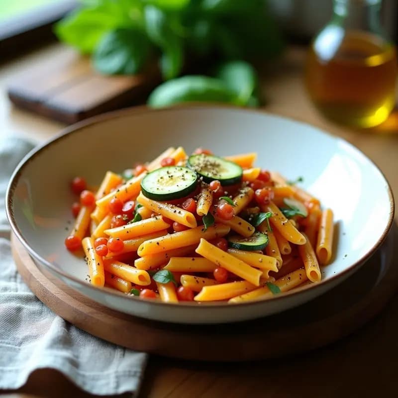 Plato hondo de cerámica blanca con pasta de lentejas corail y calabacín, decorado con almendras tostadas y hierbas provenzales, receta francesa sin gluten y alta en fibra.
