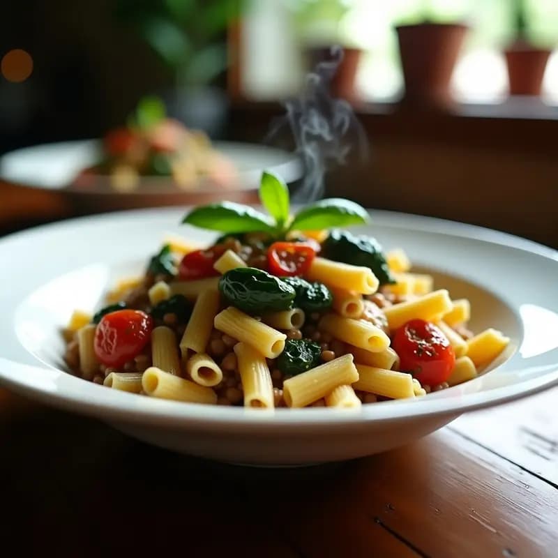 Plato hondo de cerámica blanca con pasta corta (fusilli) bañada en una salsa espesa de lentejas pardinas, espinacas frescas y trozos de tomates secos. Decorado con hojas de albahaca fresca y un hilo de aceite de oliva. Receta vegana en Thermomix con toque italiano.
