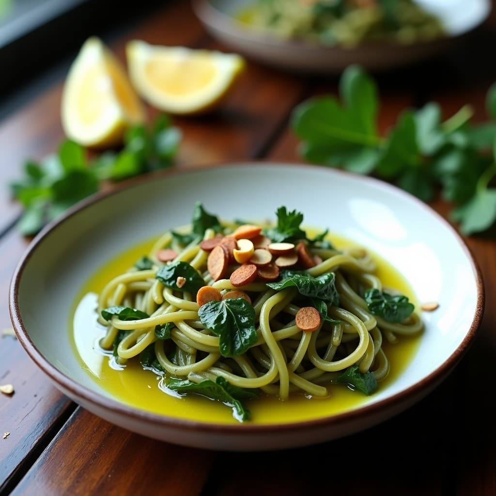Plato hondo de cerámica blanca con pasta de lentejas negras bañada en una salsa cremosa verde de berros y anchoas, decorada con almendras tostadas picadas y un hilo de aceite de oliva virgen extra. Receta italiana alta en hierro preparada en Thermomix.
