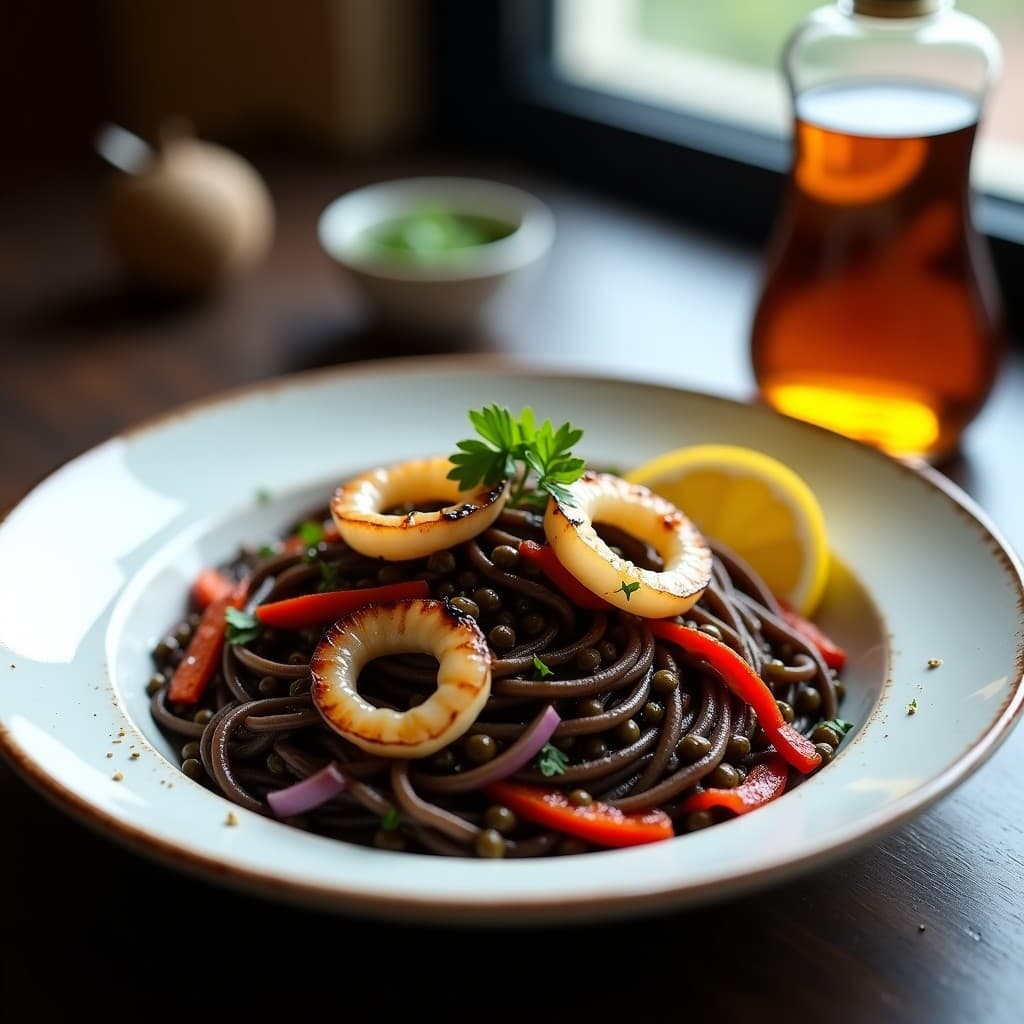 Plato de pasta de lentejas negras sin gluten con anillos de calamar a la plancha dorados, cebolla morada, pimiento asado y perejil fresco. Receta española con toques ahumados y cítricos.