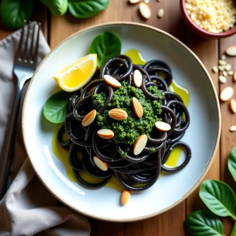 Plato hondo de cerámica blanca con pasta de lentejas negras casera, bañada en un vibrante pesto de espinaca y almendras, decorada con almendras fileteadas tostadas y un hilo de aceite de oliva. Receta italiana sin gluten en Thermomix.