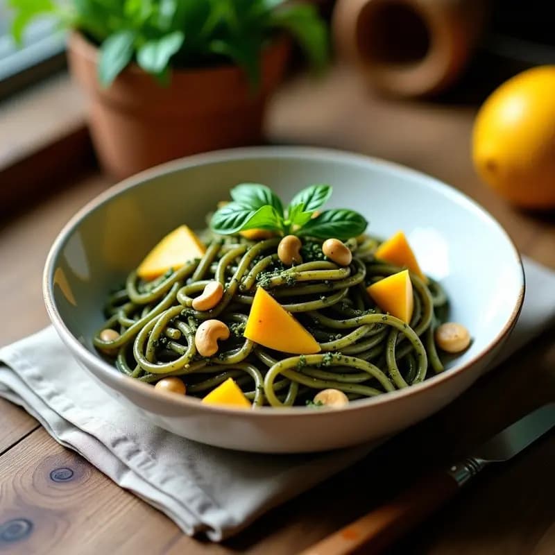 Plato hondo de cerámica blanca con pasta de lentejas negras y garbanzos, bañada en un pesto cremoso de color verde claro con trocitos dorados de piedras de mango. Decorado con hojas de albahaca fresca y un hilo de aceite de oliva. Fondo rústico con servilleta de lino.