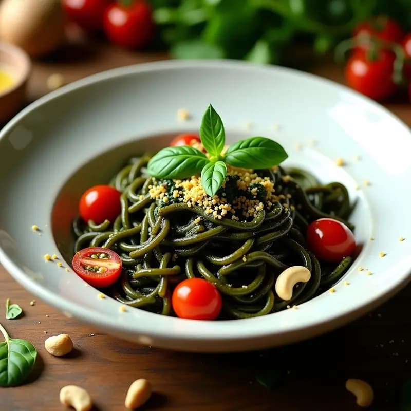 Plato hondo blanco con pasta de lentejas negras al dente, cubierta de pesto cremoso de rúcula verde intenso, tomates cherry dorados y parmesano vegano rallado. Decorado con hojas de albahaca fresca y un hilo de aceite de oliva. Receta italiana alta en hierro.
